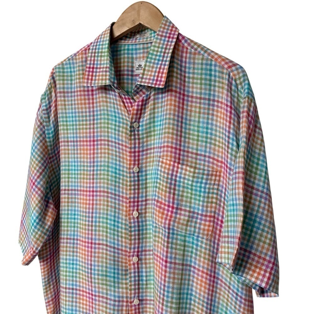 Peter Millar Men's XL Multicolor 100% Linen Check Short Sleeve Button-Up Shirt